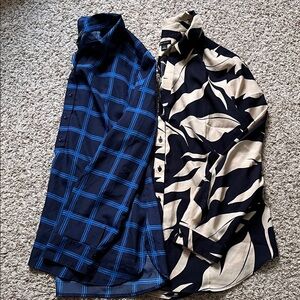 BUNDLE - Ann Taylor Navy Plaid (L) and Abstract Leaf Print (XL) Career Blouses